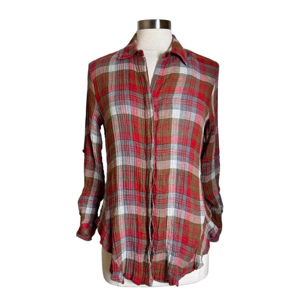 Finley Kings Road Plaid Button Up Roll Tab‎ Sleeve Shirt Womens Size Medium